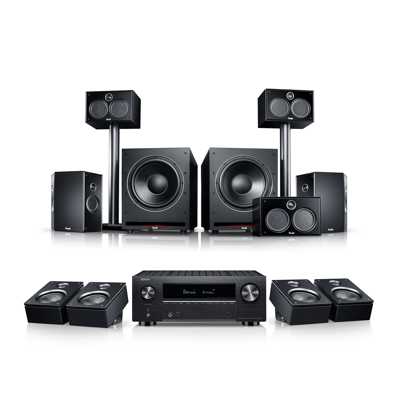 Teufel System 6 THX + Denon X3800H Dolby Atmos 5.2.4-set 4 Dolby Atmos speakers 2 dipoolspeakers 2 subwoofers 3D-sound Zwart