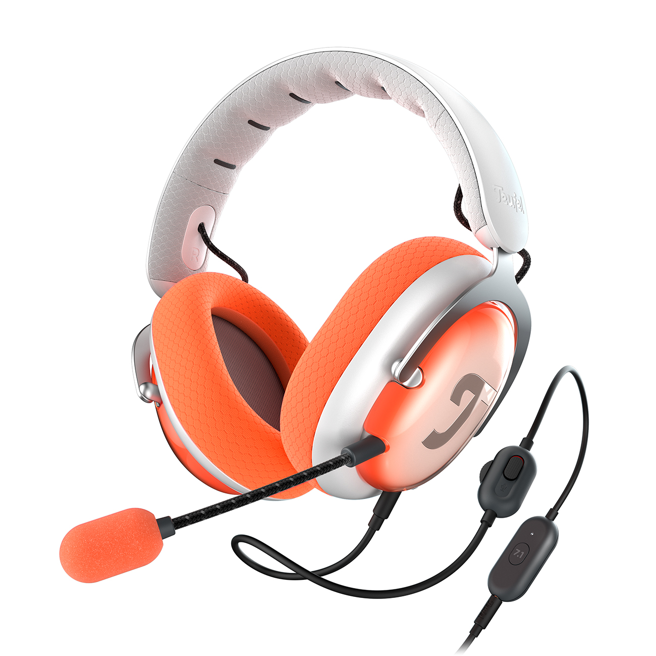 Teufel ZOLA | Bekabelde over-ear headset met microfoon voor games, muziek en home-office, 7.1 binaurale surround sound - lichtgrijs/oranje